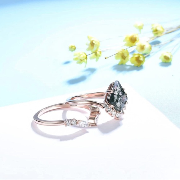14k Rose Gold Vintage Kite Moss Agate Diamond Engagement Wedding Rings - Picture 4 of 12